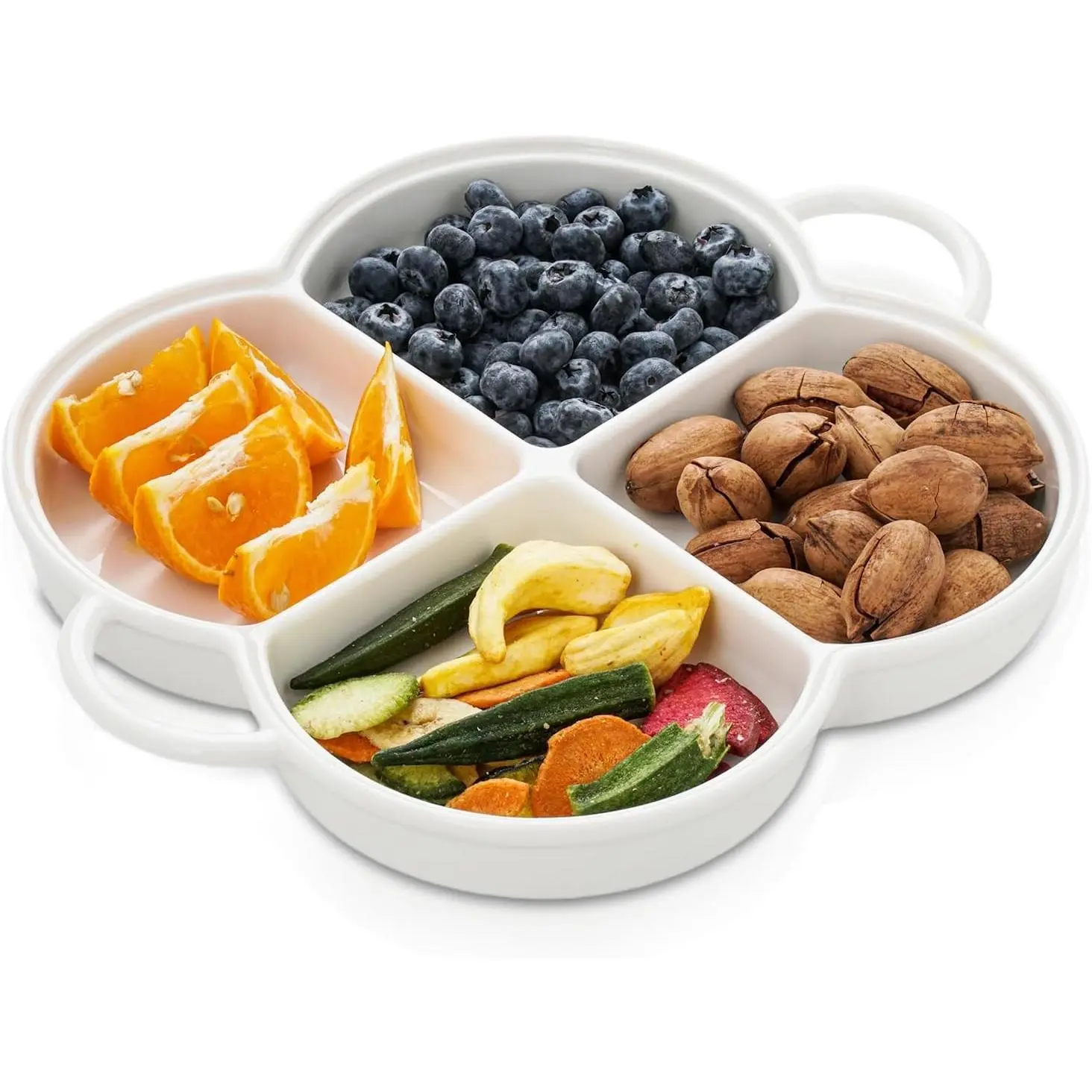 White 12" Ceramic Multi-Compartment Sectioned Serving Platter - 4-Compartment Appetizer Dish for Party Use with Chips, Veggies, Snacks