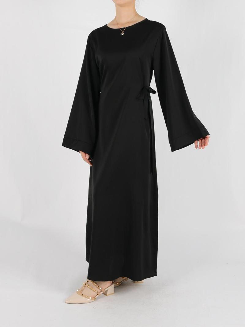 Women's Solid Belted Long Sleeve Kaftan Dress, Modest Round Neck Long Dress for Daily Wear, Casual Ladies Muslim Maxi Clothes for All Seasons, Modesty Muslim Clothing