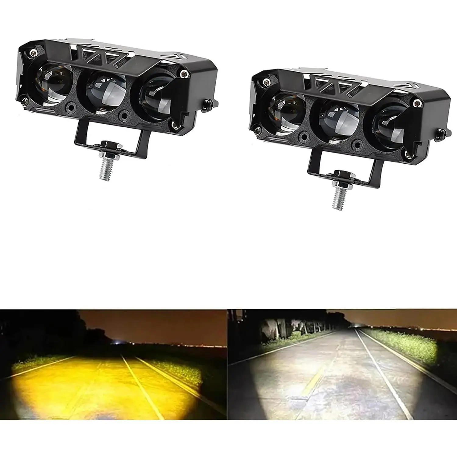Motorcycle Fog Lights, Dual Color Hi/Low Beam Fog Lamps Driving Auxiliary Pod Light, 2PCS Motorcycle LED Spot Light, LED Light Bar for Motorbike SUV ATV Truck Boat Tractor Forklift (White / Yellow)