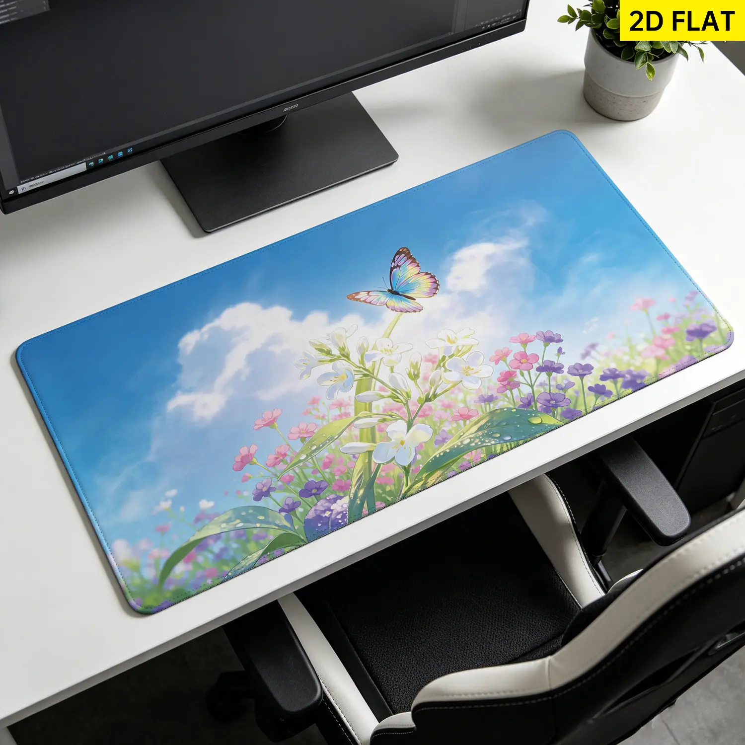 Butterfly Floral Mouse Pad, Extra Large 3D Banana Design High-Detail Meadow Print, Non-Slip Rubber Base, Multi-Size Rectangular, Stitched Lock Edges, Washable, Precision Control Desktop Pad for Office, Gaming Users
