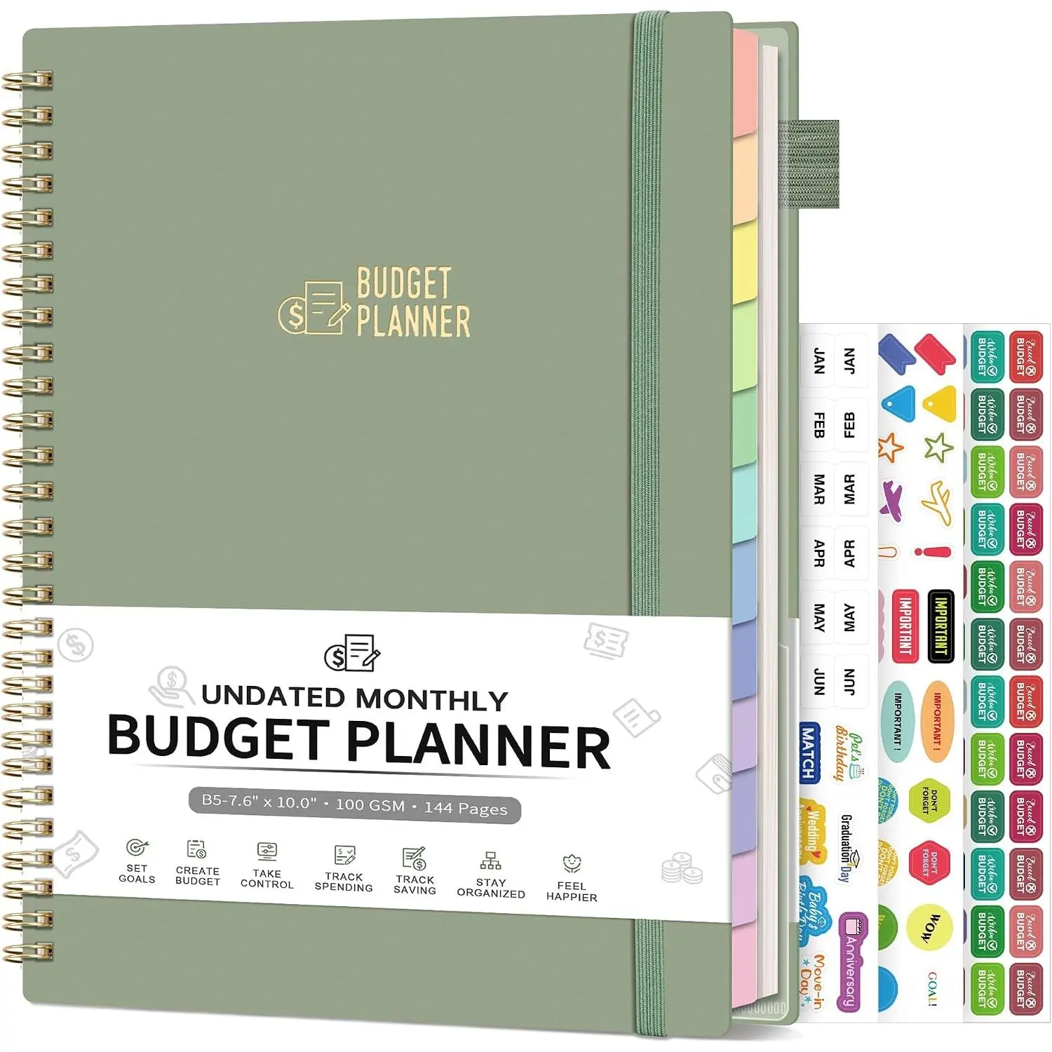 Undated B5 (7.3" x 10.15") Monthly Budget Planner with Expense Notebook, Synthetic PVC Cover & Colorful Tabs, Free Stickers for Income, Bill, Debt, Savings Management, Light Green Office Personal Organiser