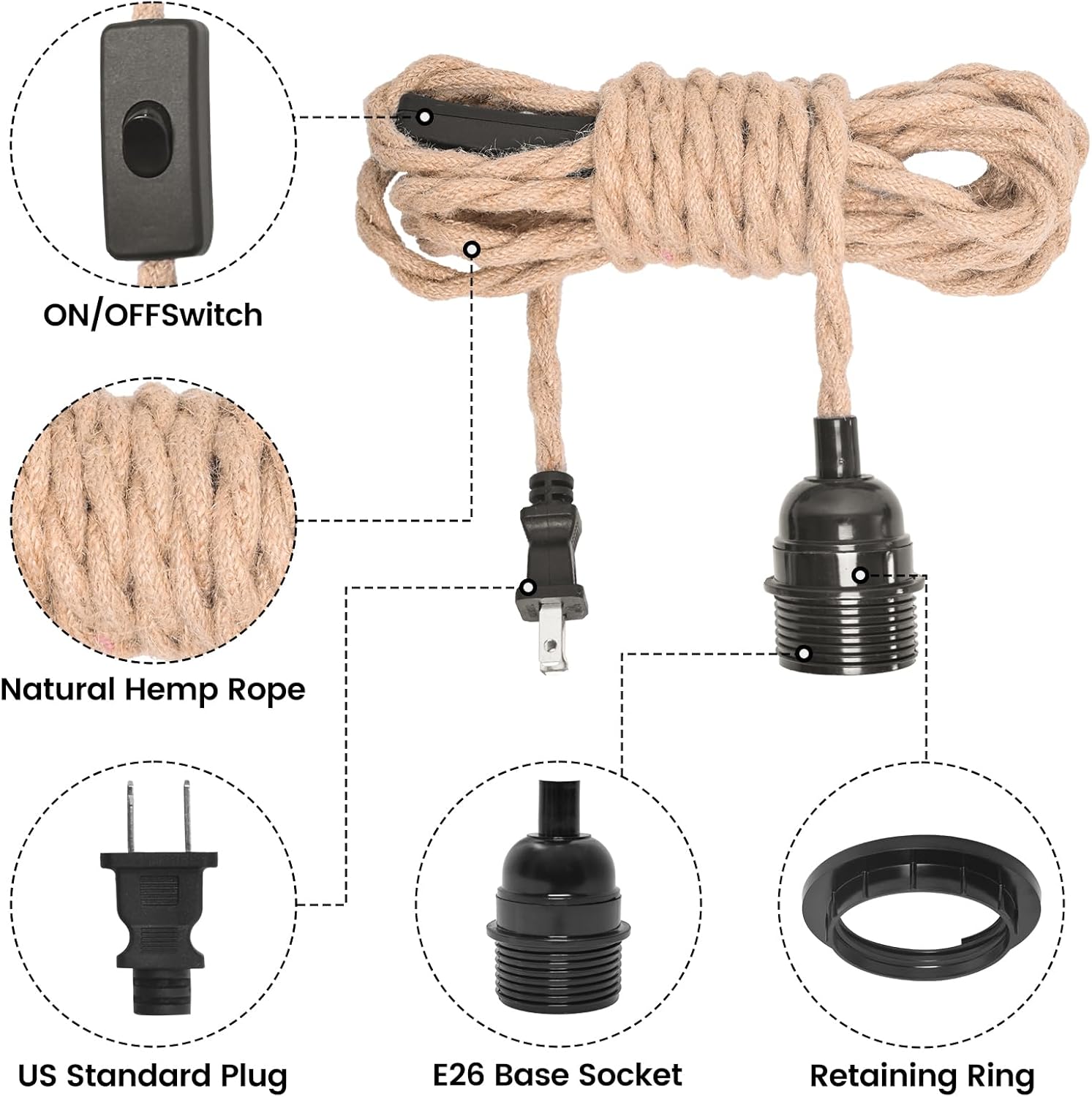 Plug in Pendant Light Cord, Industrial Hanging Light Kit with 15FT  Rope, E26 E27 Light Socket Base for Hanging Lamp Kit, Hanging Light Cord with On/Off , Ideal for Room Decor