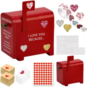 Love Postbox Wooden DIY with 50 Mini Love Notes and Envelopes & Valentine's Day Heart Stickers roll I Love You Because Long Distance Relationship Gifts for Her Bridal Wedding Registry
