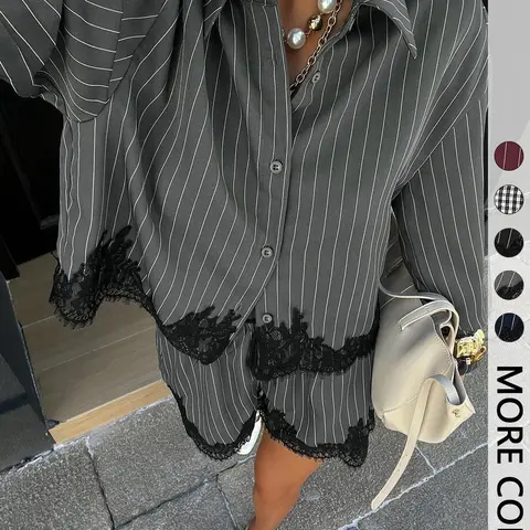 2 Piece Spring Summer Striped Lace Trim Outfit Set Suits Women Two Pieces Outfits | | Long Sleeve Button Down Top Shirt + Drawstring Waist Shorts | Casual Chic Style for Daily Office Vacation Wear
