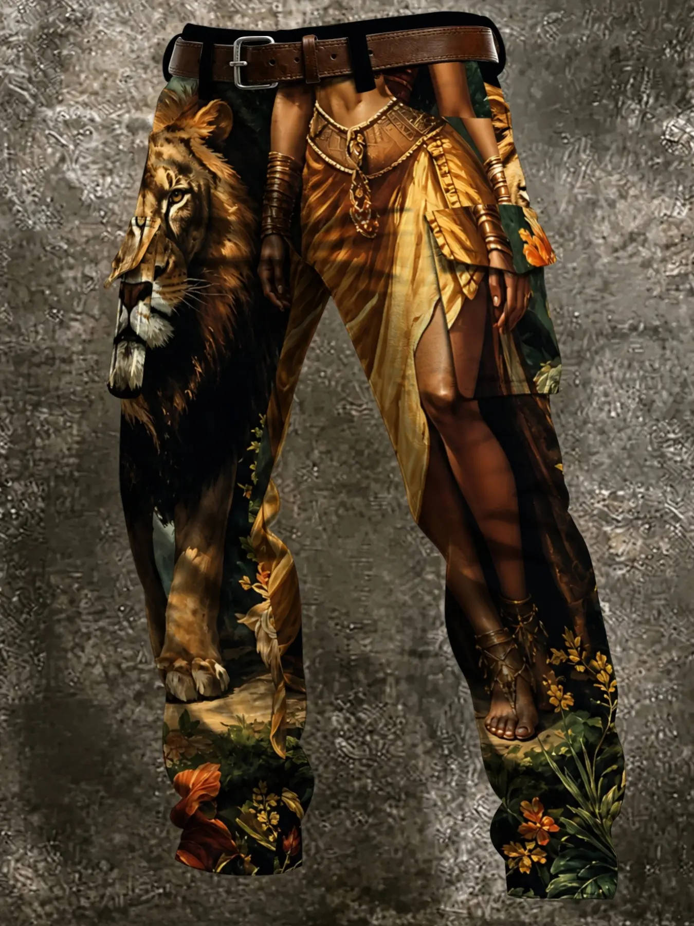 Raw Jungle Lion Portrait Workwear Straight Leg Pants, Realistic Oil Painting African Lion, Tribal Gold Goddess, Tropical Greenery, Dual Layer Side Pockets