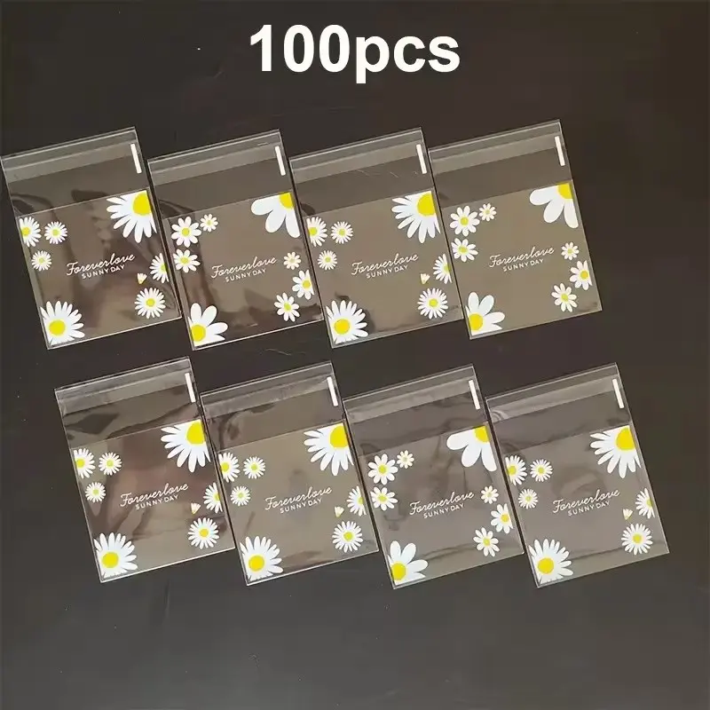 100pcs Daisy Print Gift Bags, Transparent Self-Adhesive Small Cute Packaging Bags, Ideal for Wedding Favors, Birthday Tea Party, Christmas, Halloween, Flower Gift Bags