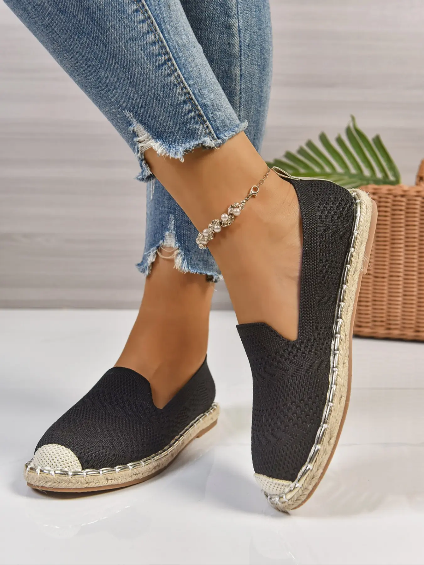 Women Mesh Slip‑On Espadrille Flats, Breathable Knit Casual Walking Shoes