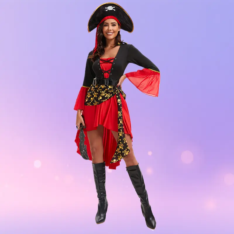 Lady's Chic Loose Caribbean Pirate Cosplay Clothes, Premium Fabric Outfit for Halloween Masquerade Parties & Stage Shows, Costume