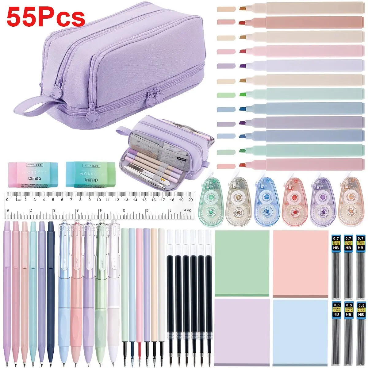 55Pcs In 1 Box Stationery Set Pastel Aesthetic Large Capacity Pencil Case Mechanical Pens Complete School Supplies Kit for Students Kids Classroom Prizes Gift Back to School