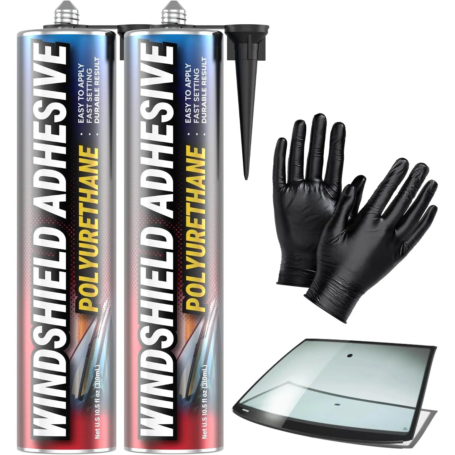 [2 Pack] Polyurethane Windshield Adhesive - Quick Curing & Weather Resistant Auto Glass Adhesive, Vertical & Overhead Application, Windshield Repair Kit with Gloves, Applicator Tip &  - 310ml