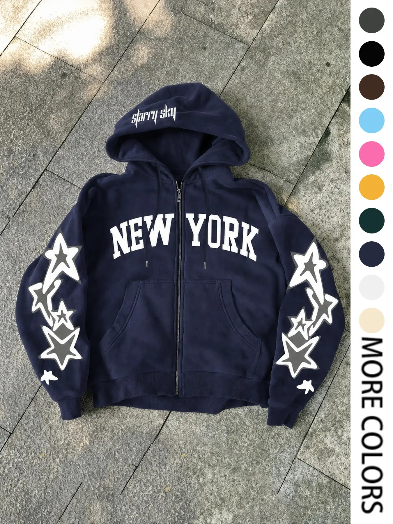 Men's New York Letter Print Zip Up Hoodie, Sweatshirts, Star Graphic Sleeves, Oversized Casual Jacket, Multiple Colors for Fall and Winter
