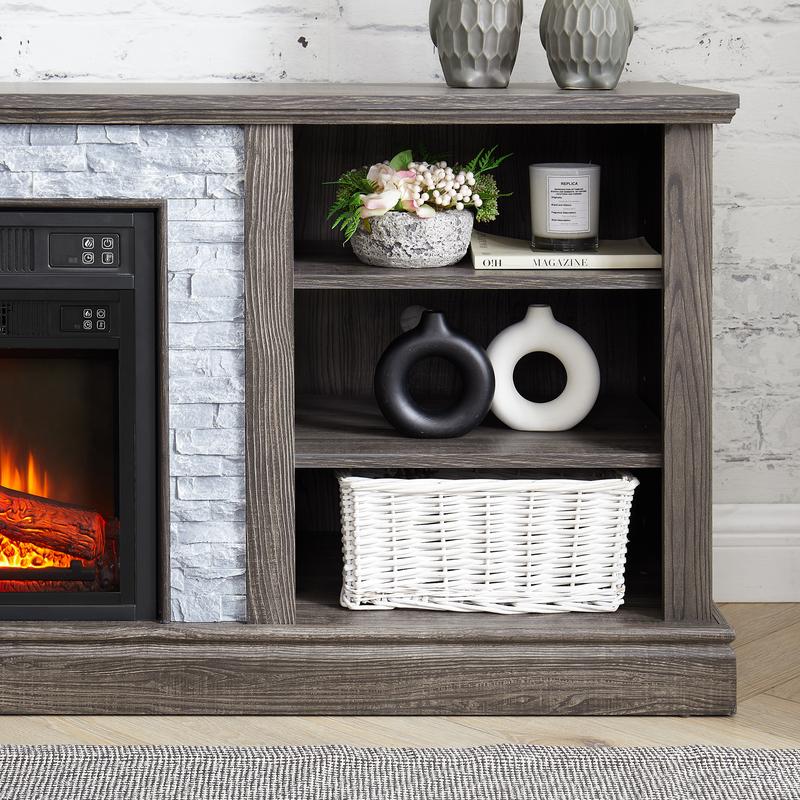 Large Fireplace TV Stand Storage Rack with Faux Stacked Stone Surround, Modern Media Console Table with Large Storage Cabinet and 23" Fireplace Insert, 70.12"W*15.35"D*25.83"H