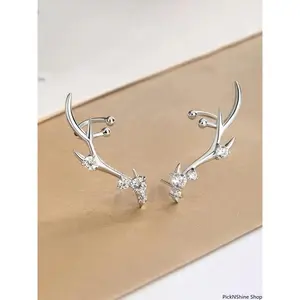 Silver Tone Antler Stud Earrings with CZ Crystals, Elegant Rhinestone Deer Horn Ear Cuff Combo, Dainty Bling Jewelry for Women, Perfect for Daily Wear & Gifting