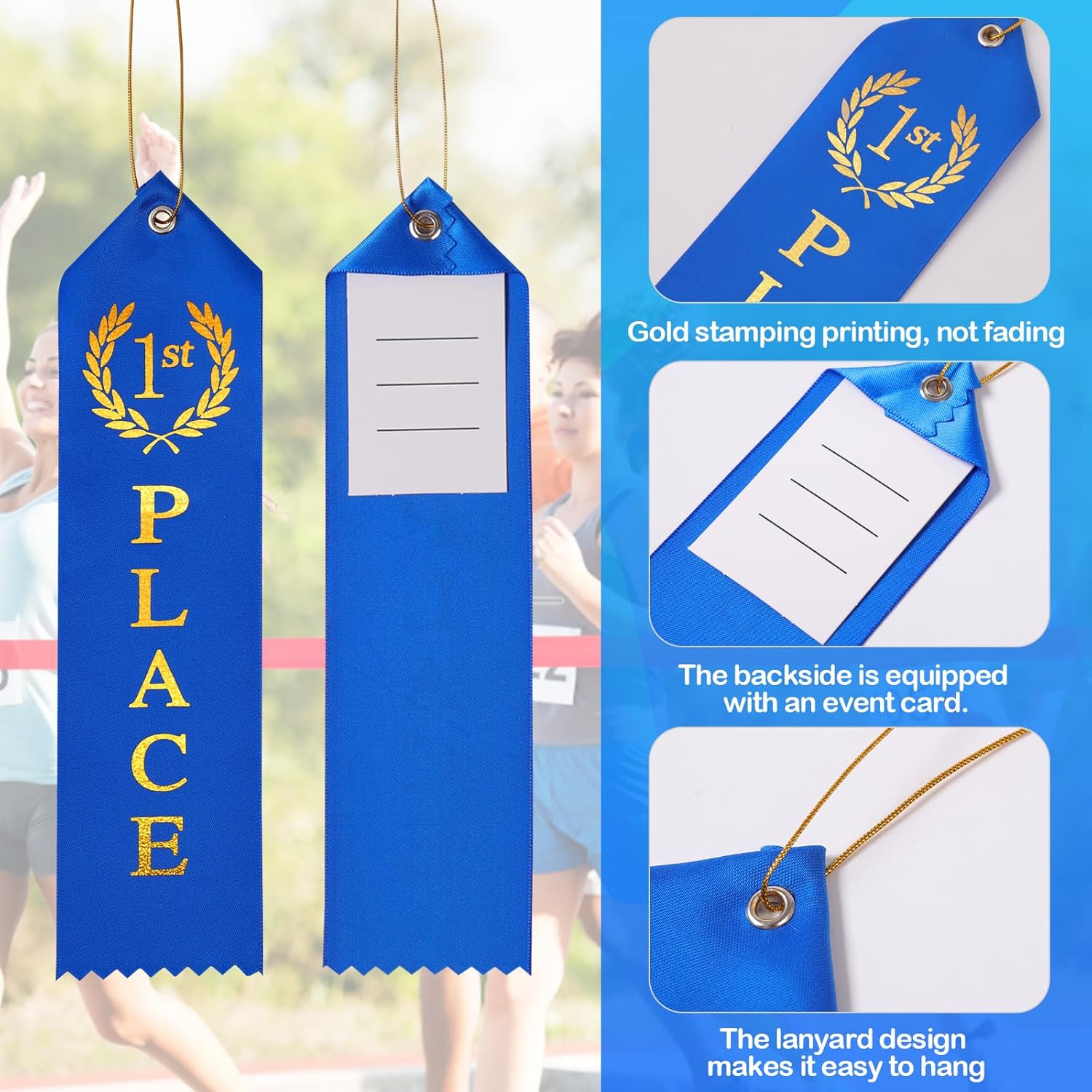 Award Ribbons, Medal Ribbons for 1st, 2nd, 3rd Place, Event Card & Rope Included, Perfect for Competitions, Sports Events, School Challenges, Vibrant Blue, Red, and White