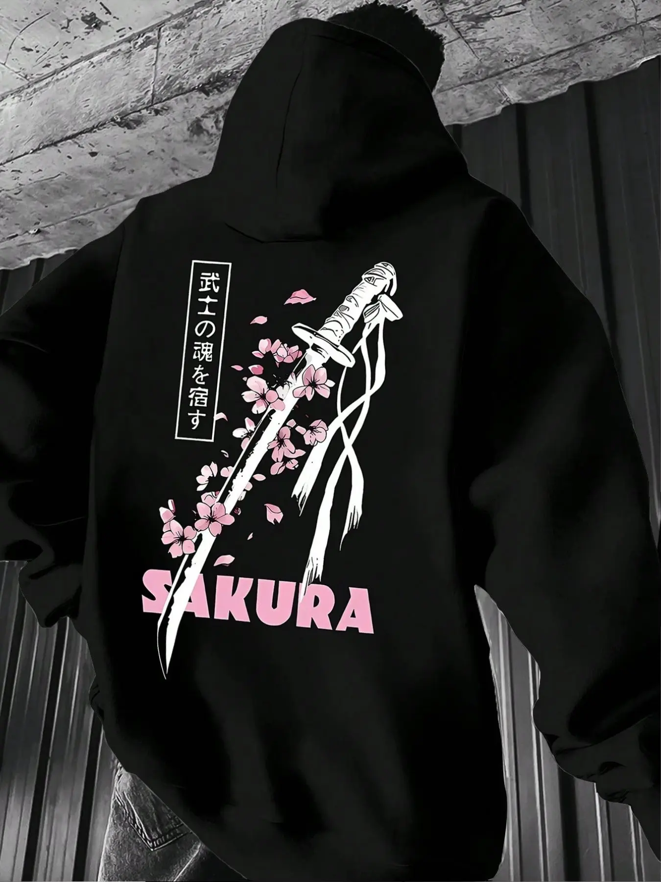 Tokyo Samurai Cherry Blossom Dual-Sided Print Knit Hoodie, Anti-Pilling, Wind-Resistant, Loose Fit, Fall & Winter Casual Streetwear, Couples'
