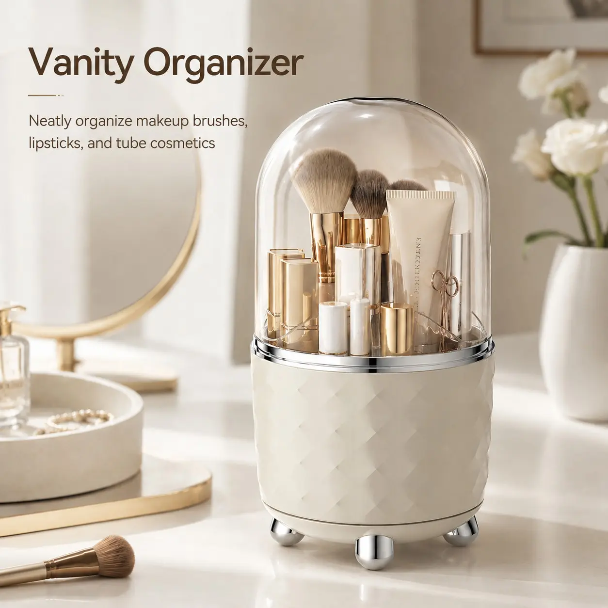 360-Degree Rotating Makeup Brush Storage Box, Dustproof Divided Desktop Lipstick & Cosmetic Organizer Shelf, Cosmetic Organiser