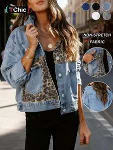 Women's Leopard Print Denim Jacket, Vintage Washed Loose Short Coat, Casual Long Sleeve Button Fly Outerwear, All Seasons Fashion