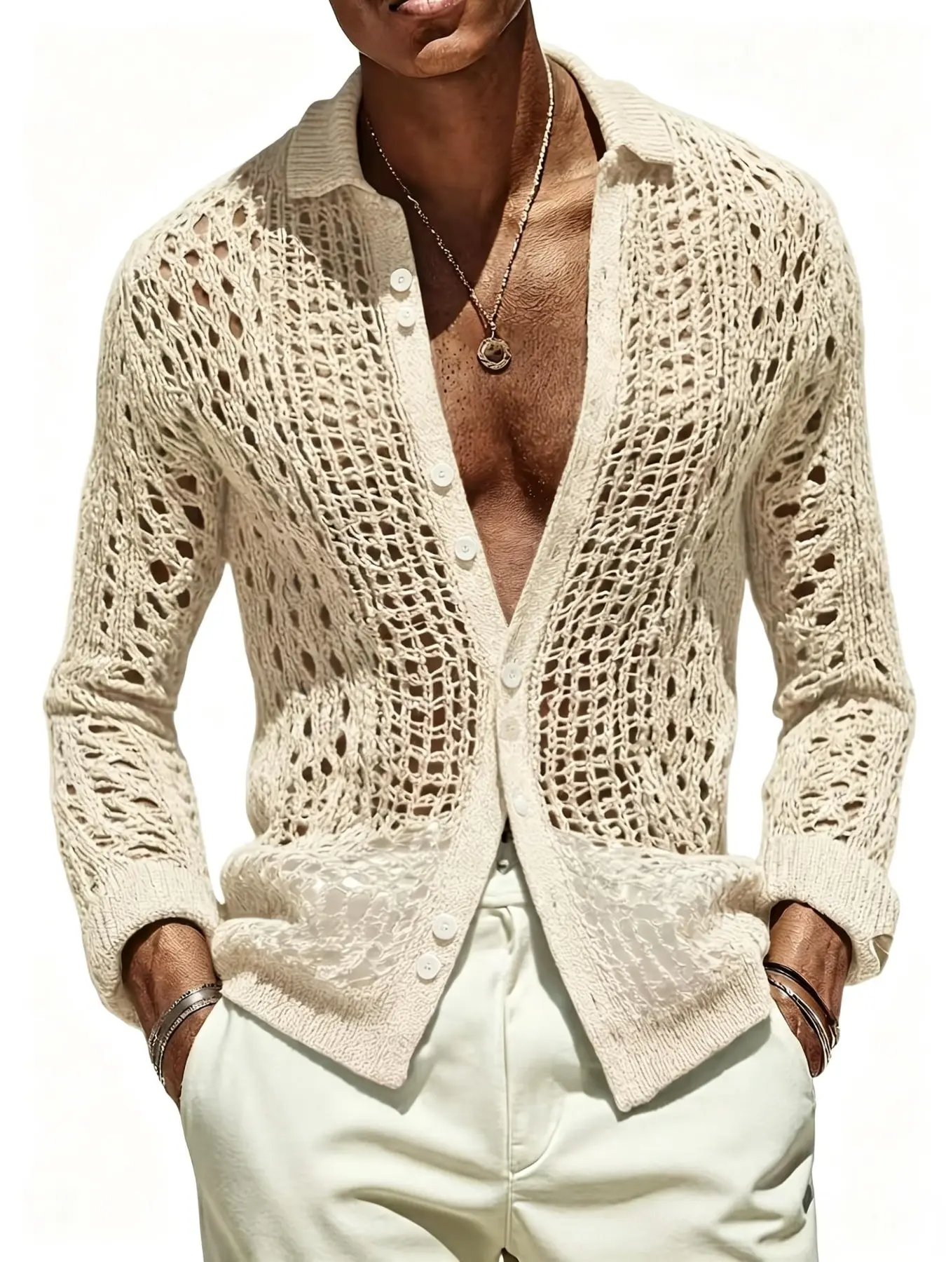 Men's Bean Lace Knit Cardigan, Turn-Down Collar Single Button Design, Breathable Casual Style, Relaxed Vacation Vibes