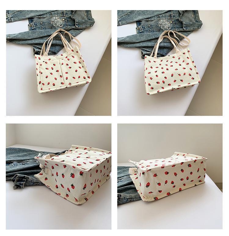 Women's Tote Bag Strawberry Print Canvas Student Shoulder Handbag Large Capacity Multi-Pocket Travel Purse Casual Daily Use Durable Totebag