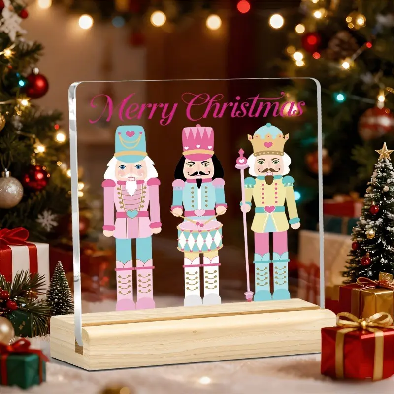 Soft Tone Nutcracker Merry Christmas Acrylic Desk Sign, Holiday Bookshelf Home Decor Ornament, with Wooden Base, Festive Desktop Decoration