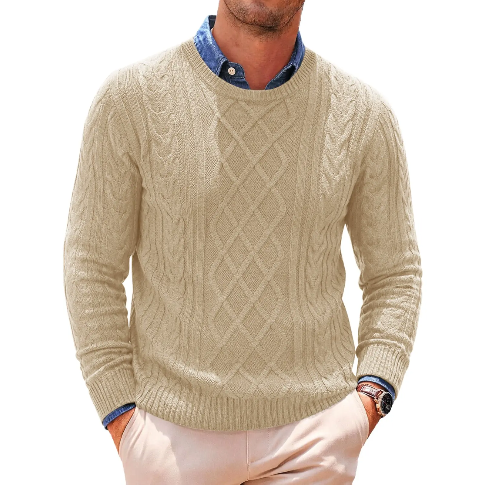 Runcati Mens Pullover Sweater Cable Knit Casual Crew Neck Slim Fit Sweaters | Long Sleeve Sweaters, Christmas Knitted Sweater, Fall Winter Pullover, Business Casual Knitwear, Twist Textured Warm Tops
