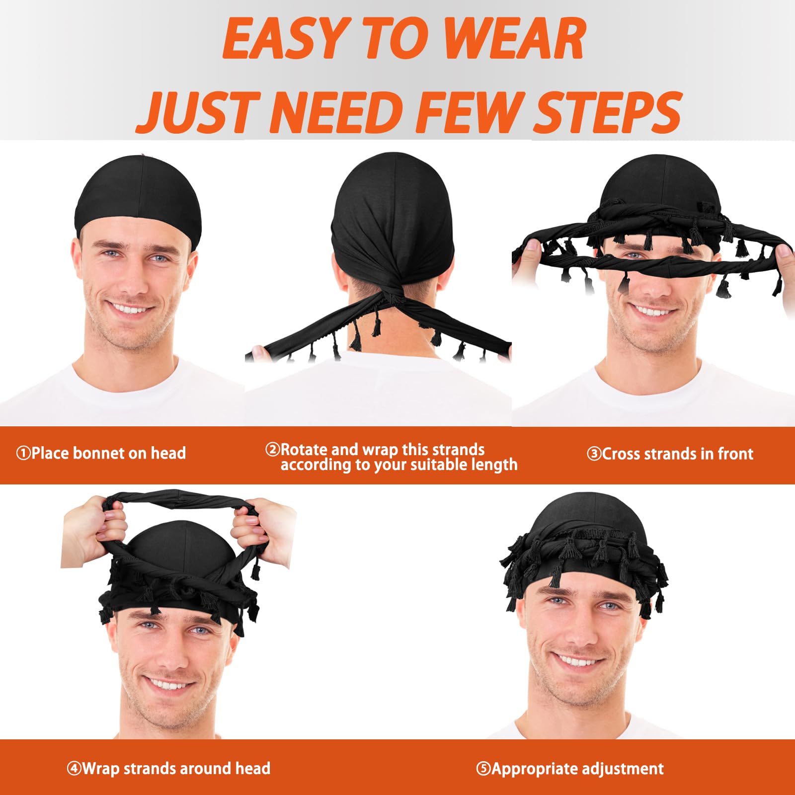 1/2 Pack Satin Lined Turban Durag for Men & Women - Pre-Tied Skull Cap with Tassels, Vintage Twist Beanie & Sleeping Bonnet Hair Cover