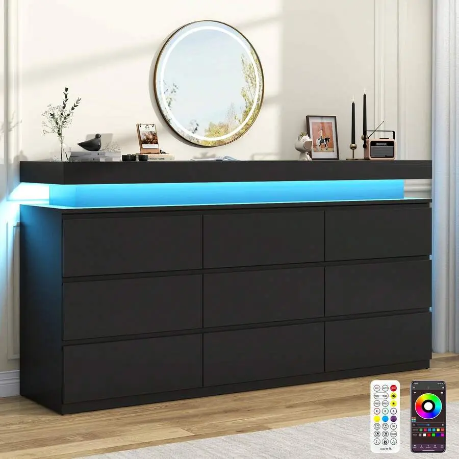 9/10/12 Drawer Dresser With USB Powered LED Light, Modern Chest Of Drawers Closet, 63" Wide Drawer Organizer Cabinet Bedroom, Living Room, Entryway, Hallway