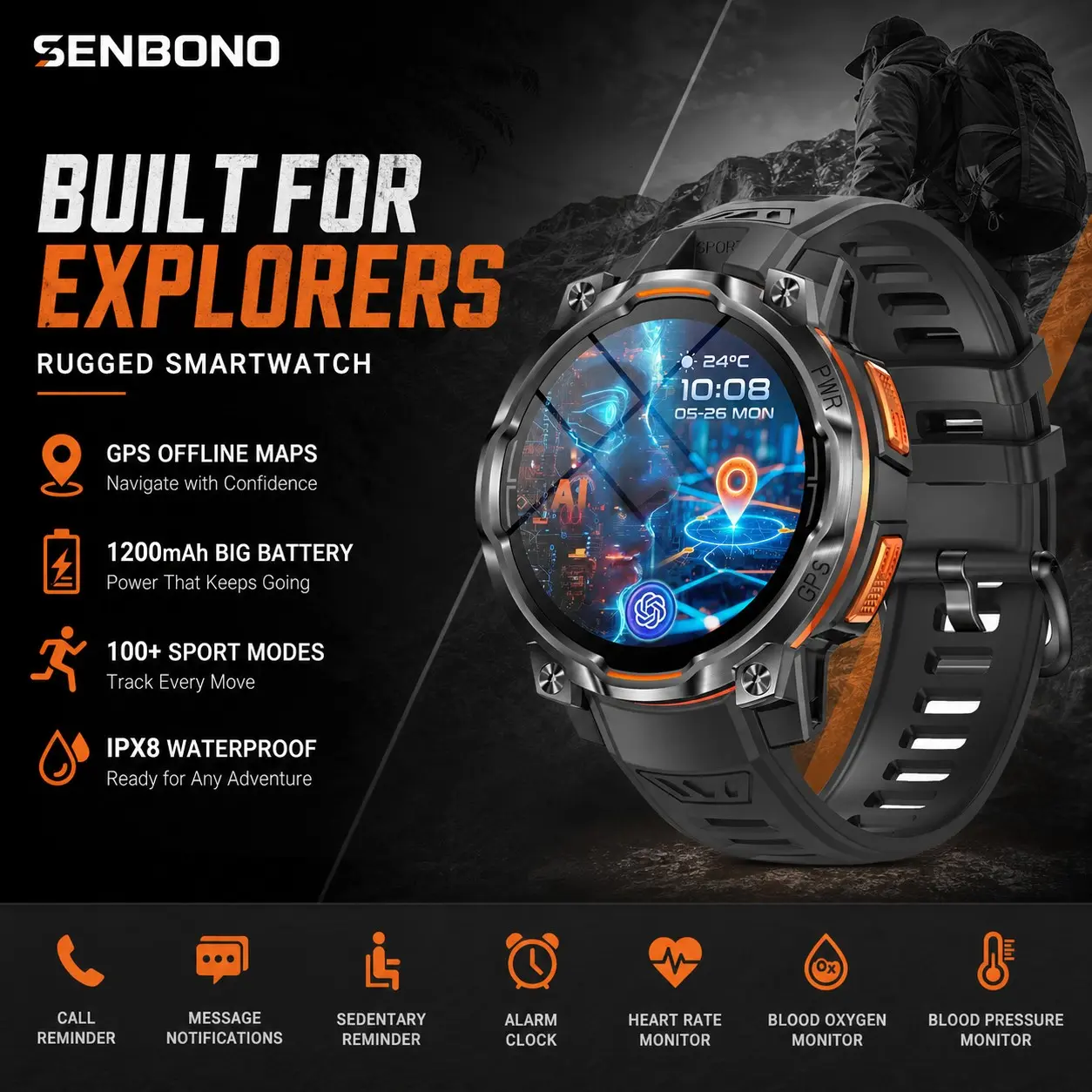 SENBONO Multi-Function Smartwatch with Games & Calculator, AI Dial, GPS Return, HR & BP Monitoring, Outdoor GPS Smartwatch with Offline Maps & Track Return, Barometer-Altimeter-Compass, Sport Smart Watch