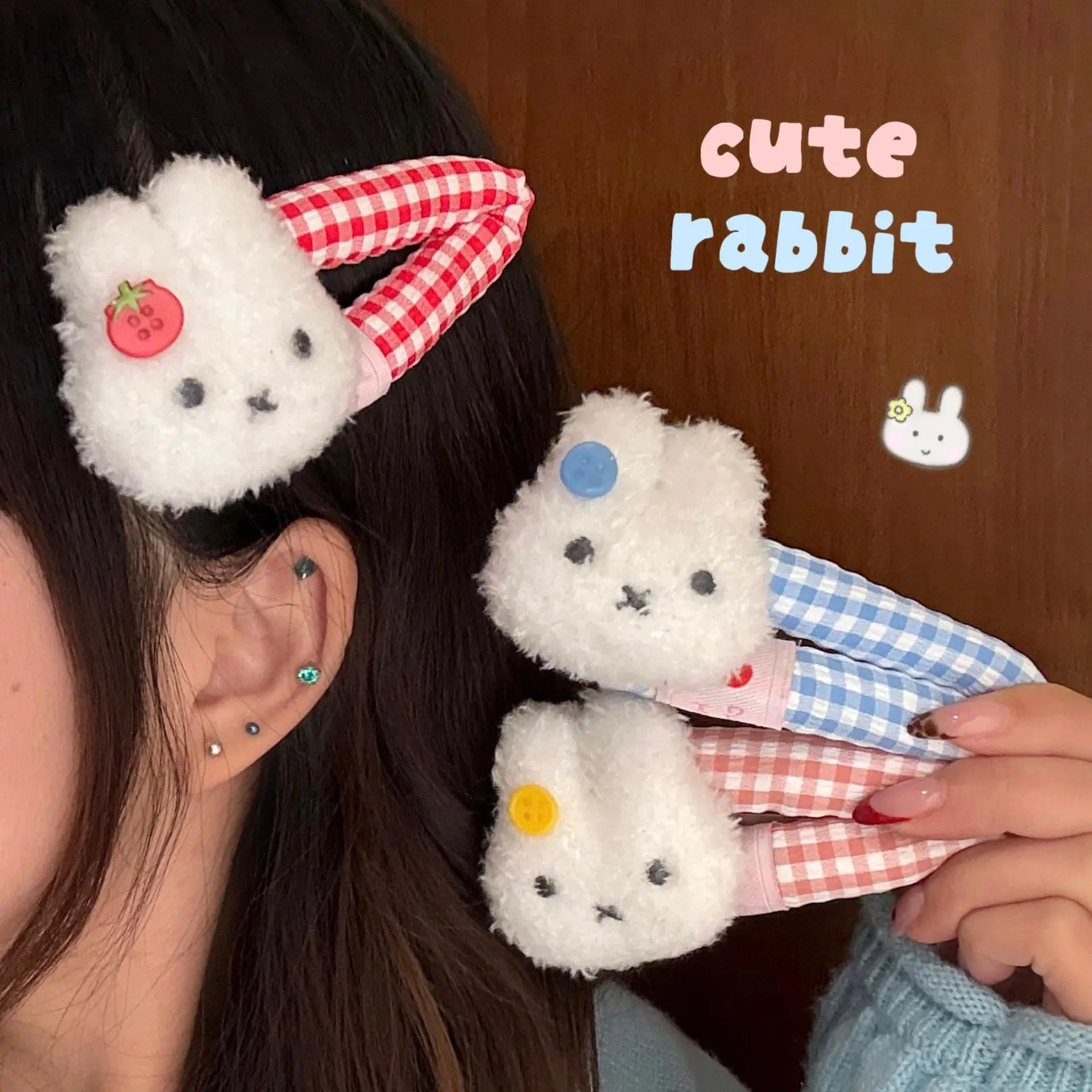 1/3 Pcs Cute Cartoon Plush Miffy Rabbit Checkered Hair Clip Sweet Fringe Side Bending Bending Clip Miffy Brand Hair Clip