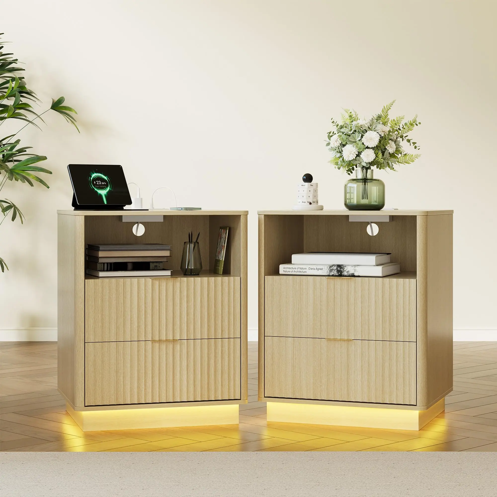 Set of 2 Fluted Wooden Modern Mid-Century Bedside Tables with Charging Station, LED Lights, 2 Drawers, 20"w x 15.7"d x 24"h, Light Oak/White/Black Indoor Bedroom Nightstands, Bedside Table