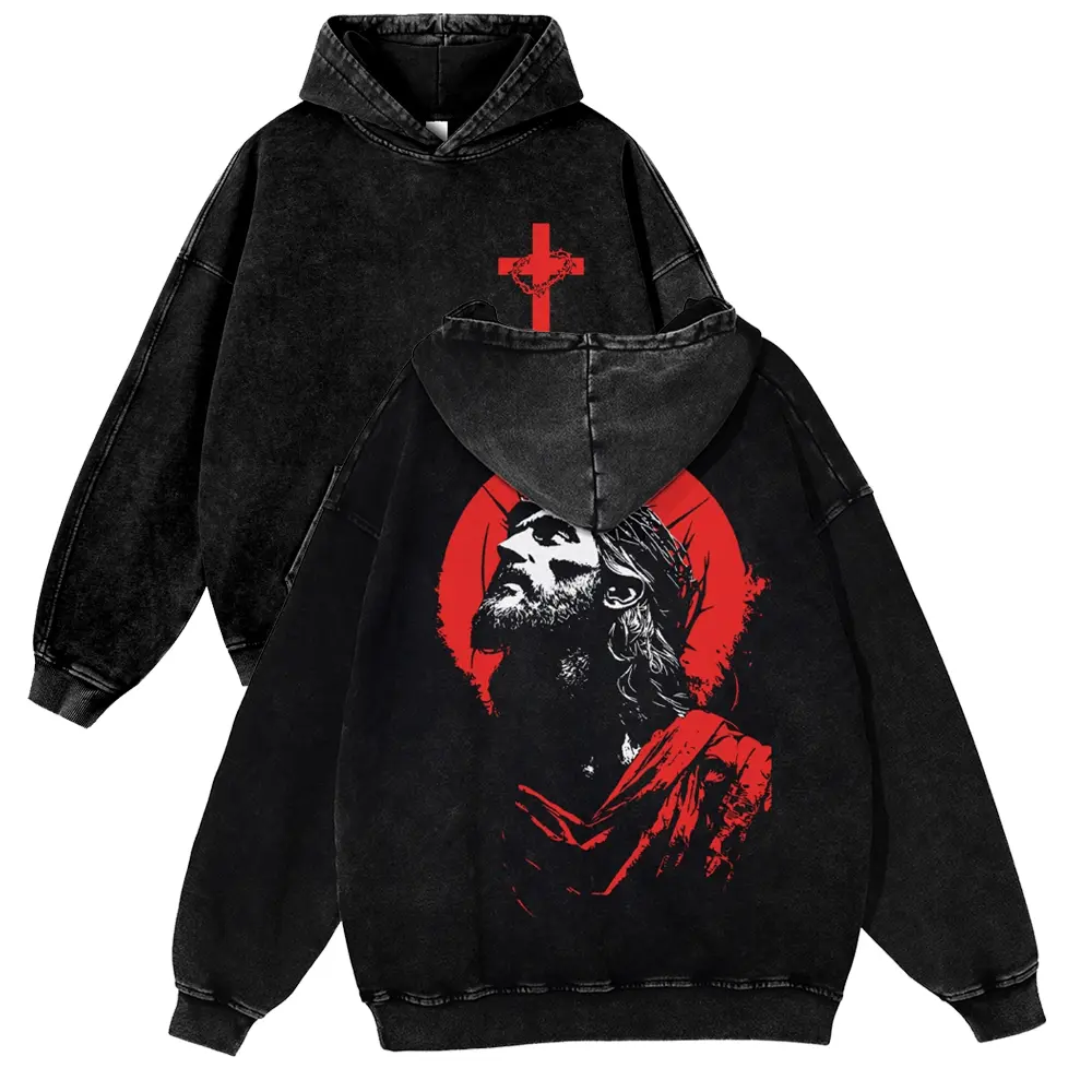 Vintage Washed Jesus Cross Graphic Hoodie in a Heavyweight Cotton-Blend Fabric, Featuring a Casual Unisex Oversized Fit for Spring