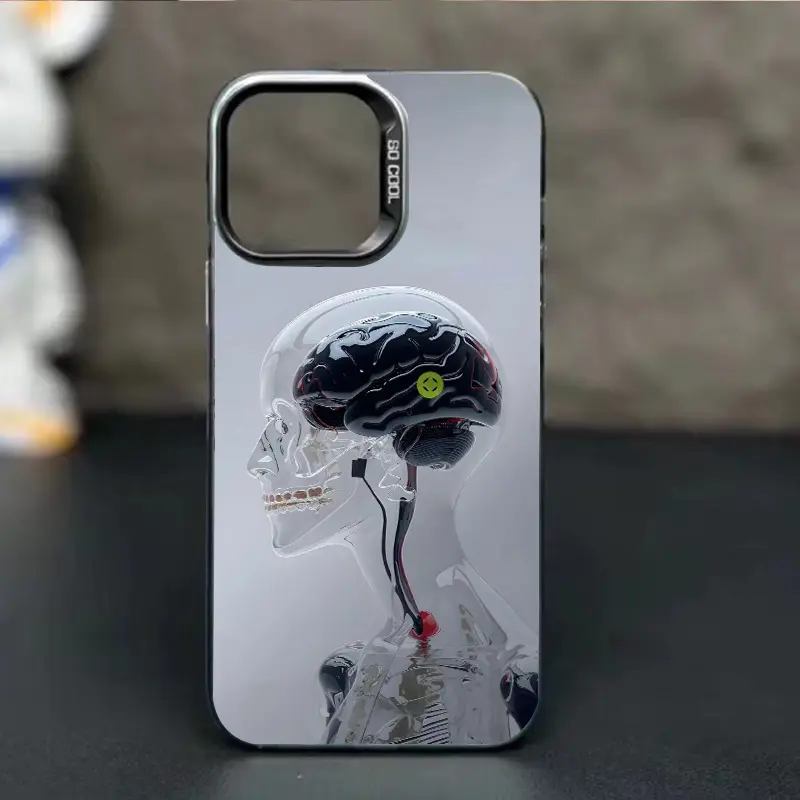 Cyberpunk Transparent Skull Mechanical Brain IMD Printing iOS Cellphone Case, Silver Matte Anti-Fingerprint Shockproof Soft TPU Casing with Raised Camera Frame, Drop-Resistant Accessories for iPhone 7 8 X XR XS 11 12 13 14, Smartphone, Protector