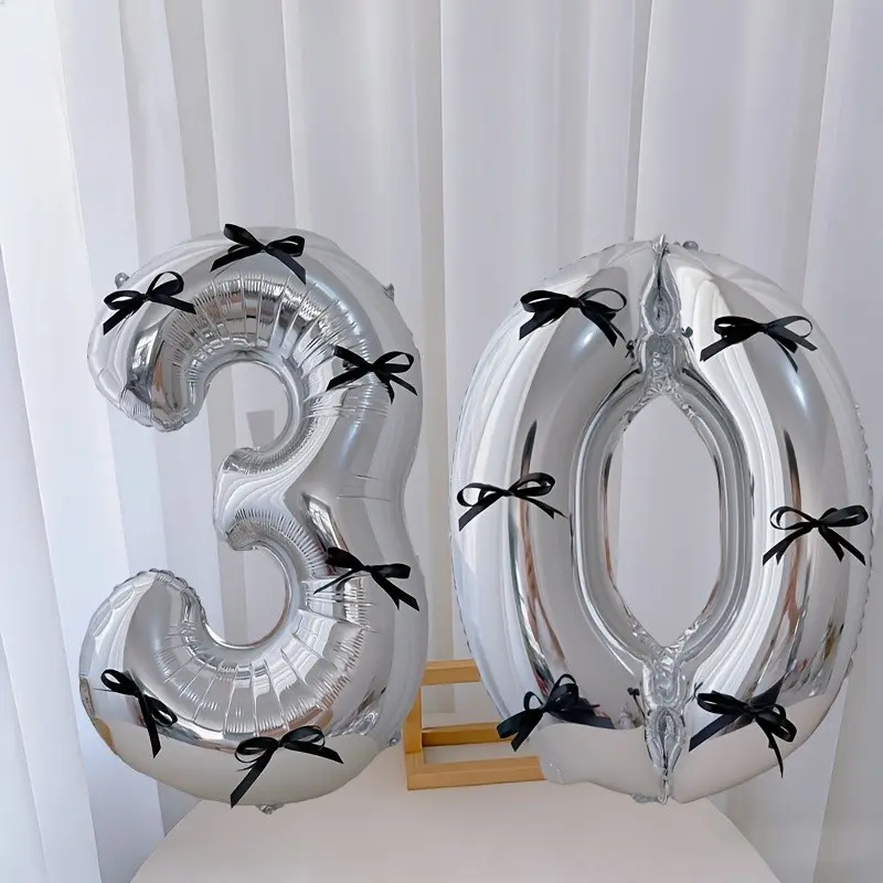 15pcs black bow style silver aluminum foil balloon set, including 2 balloons, 12 black bows and glue, suitable for birthday parties, Birthday decorations, graduation ceremony decoration and photo props