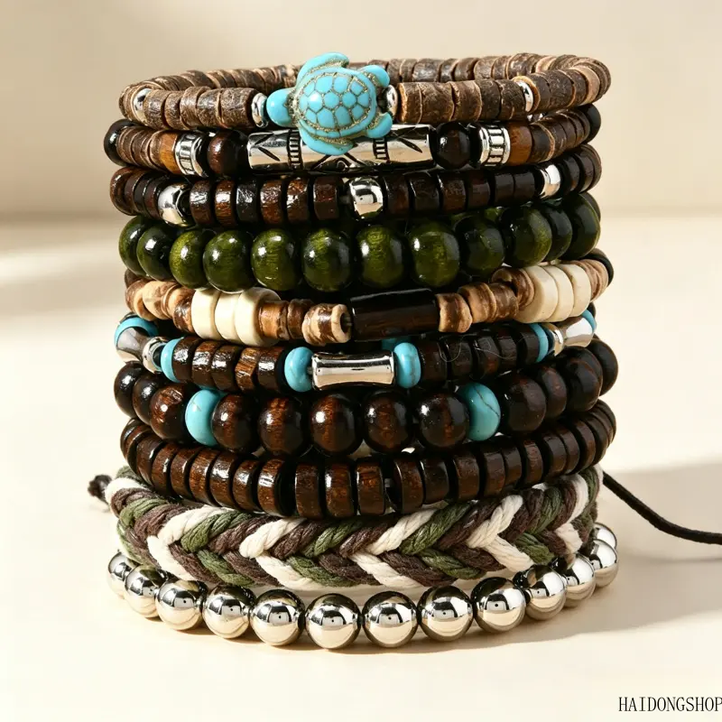 Bohemian Coastal Viral Coconut Shell Wood Bead Stretch Bracelet Set For Women, Multi-Layer Natural Stack Wrist Bands, Earth Tone Indie Accessory For Festival Beach Daily Travel Styling,customized,heart,design