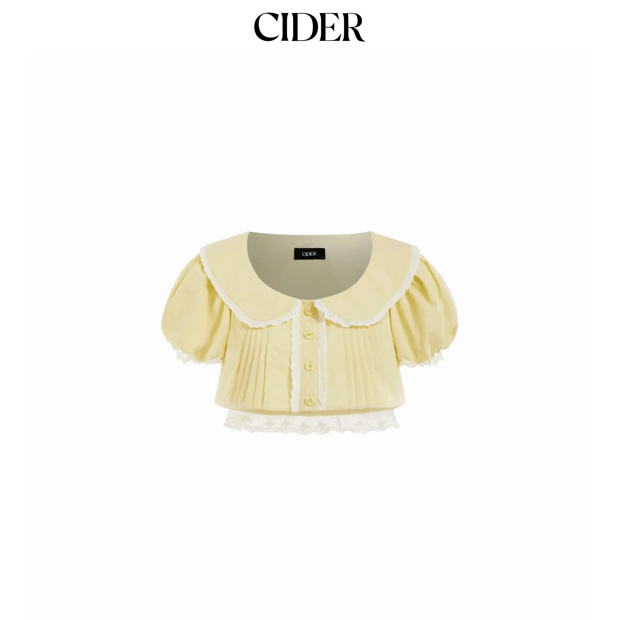 Cider Cotton Peter Pan Collar Puff Sleeve Lace Trim Crop Blouse Casual Shortsleeve