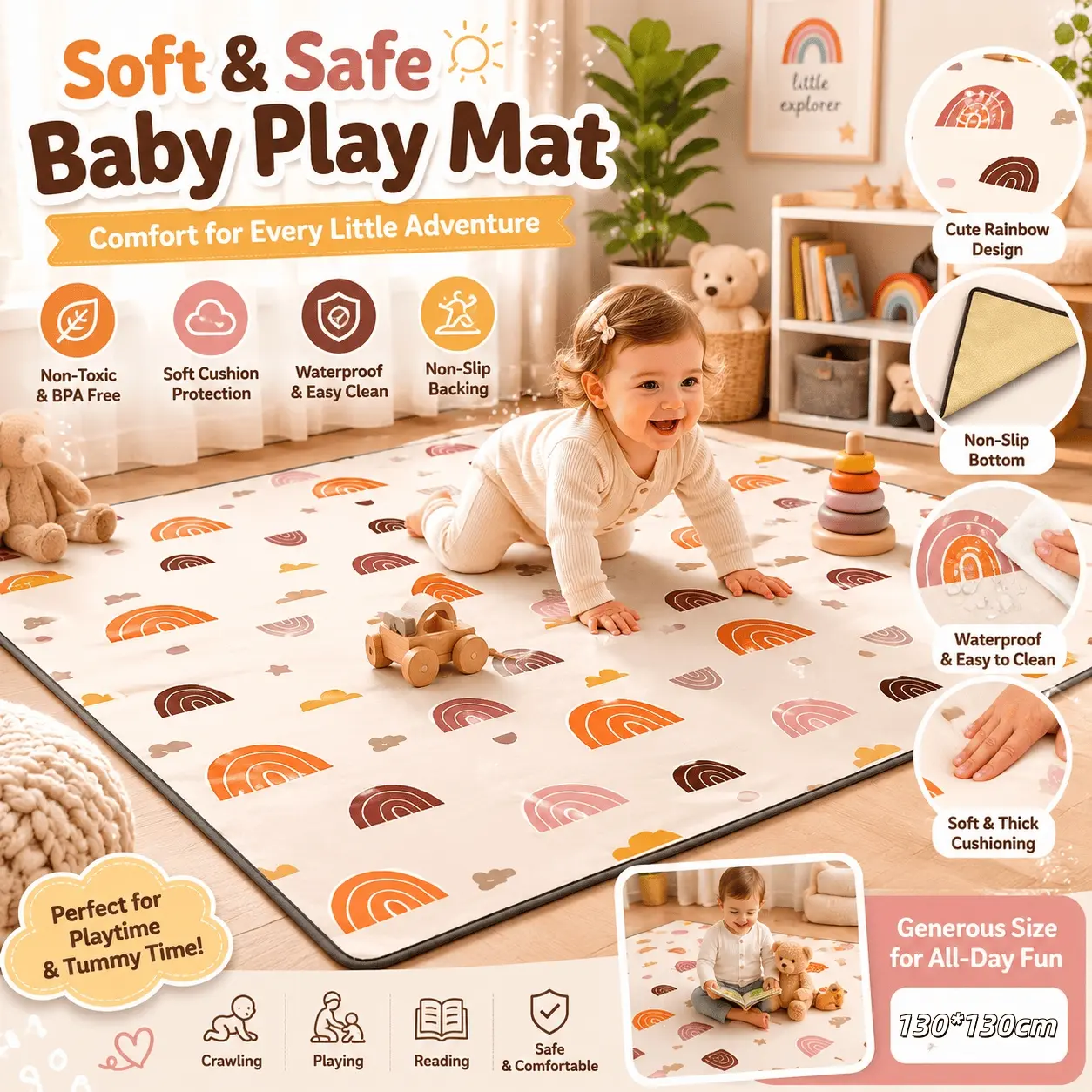 Non-Slip High Chair Mat for Kids, Waterproof Play Mat, Picnic Pad, Baby Crawl Mat, Crawling Mat, 51.18inch X 51.18inch, Durable & Safe Design