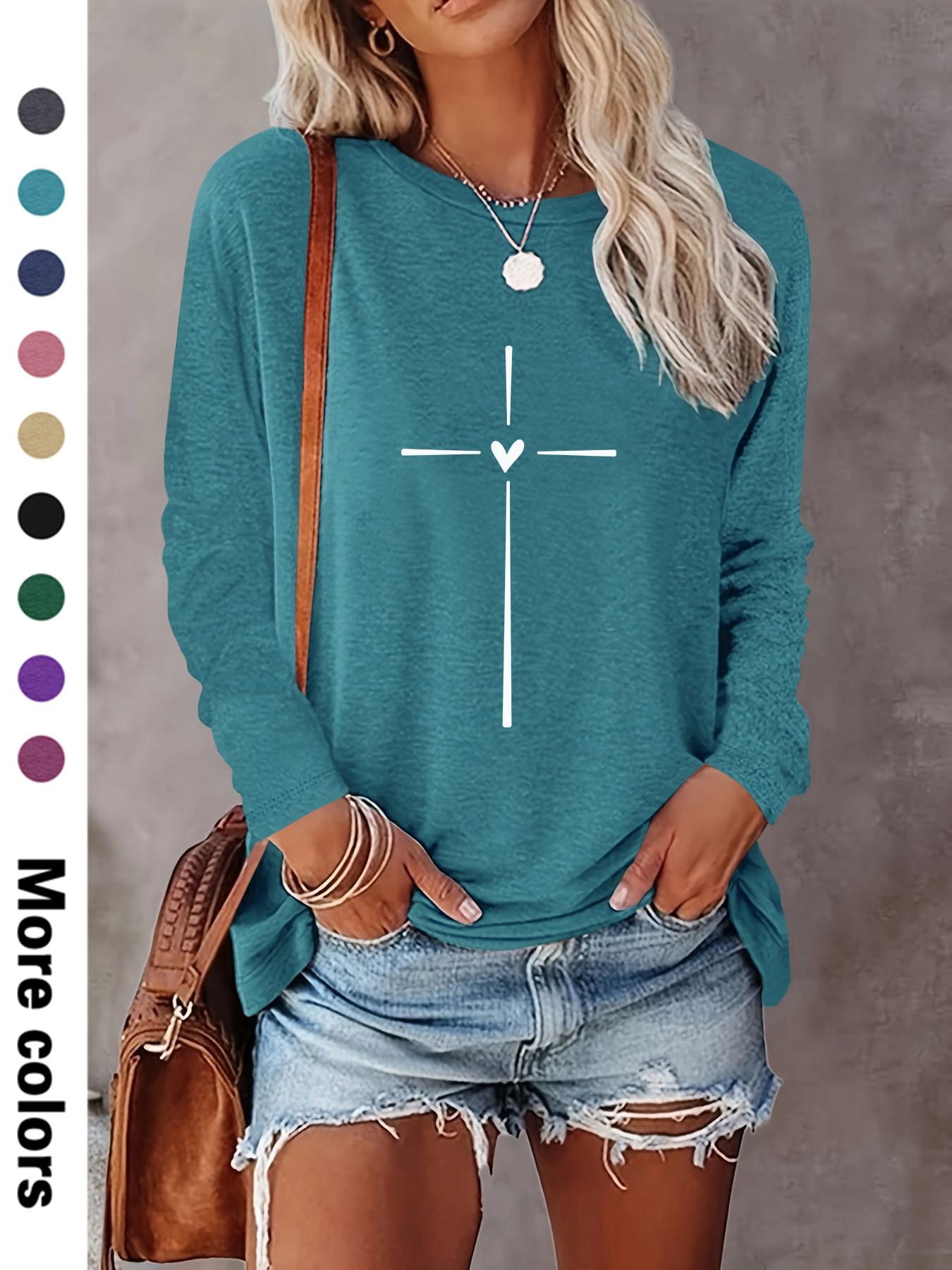 Women's Heart & Cross Print Round Neck Tee, Casual Long Sleeve Fitted Crew Neck T-shirt for Spring & Fall, Fashion Women's Top for Daily Wear Womenswear
