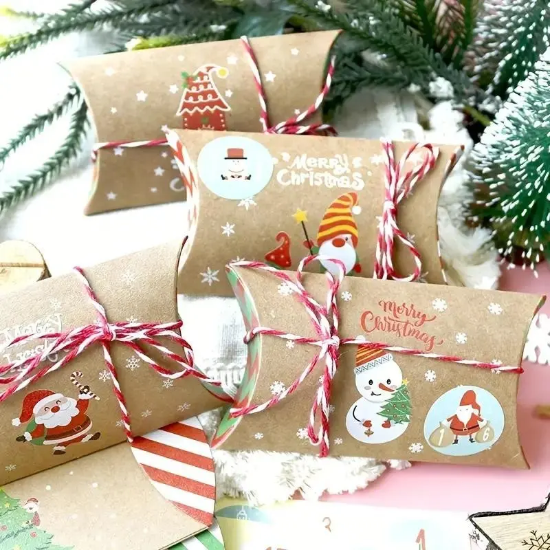 24pcs Christmas Advent Calendar Pillow Boxes, Kraft Paper Gift Packaging, Snowman Santa Christmas Tree Designs, Includes Stickers & Twine