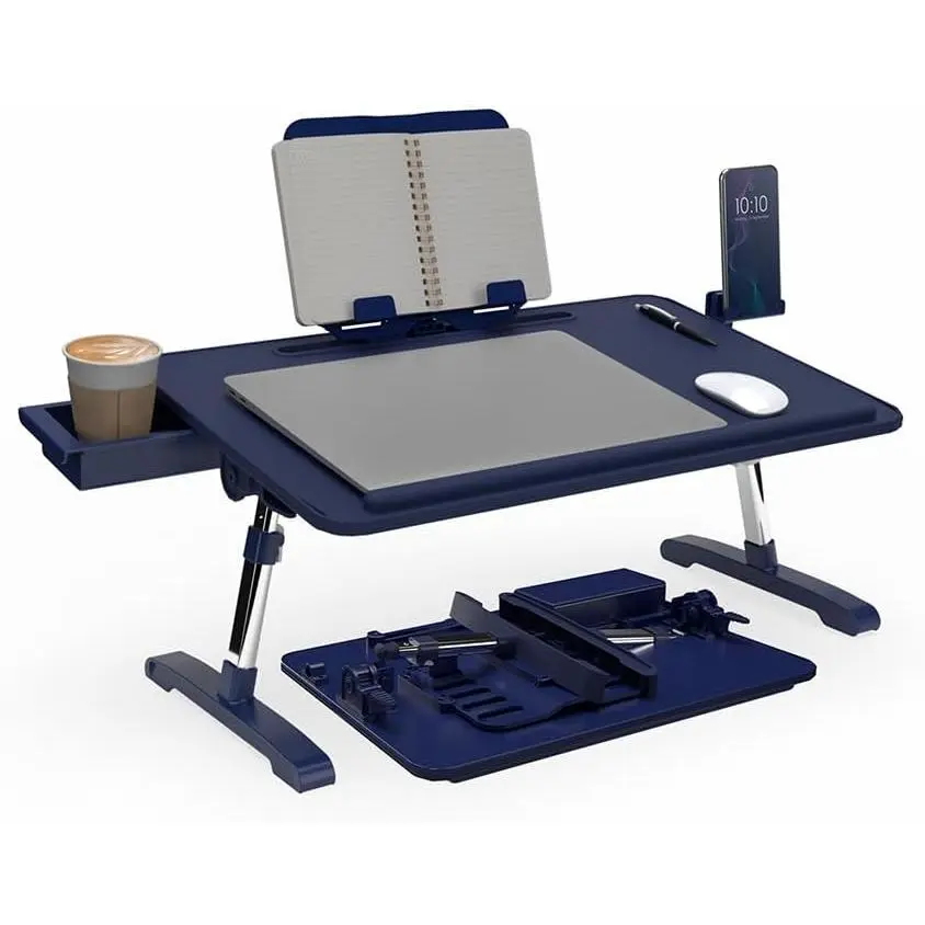 PVC Leather Portable Laptop Desk, Foldable Lap Table with Height and Tilt Adjustment, Storage Drawer & Cup Holder for Drawing or Writing, Eating, Closet