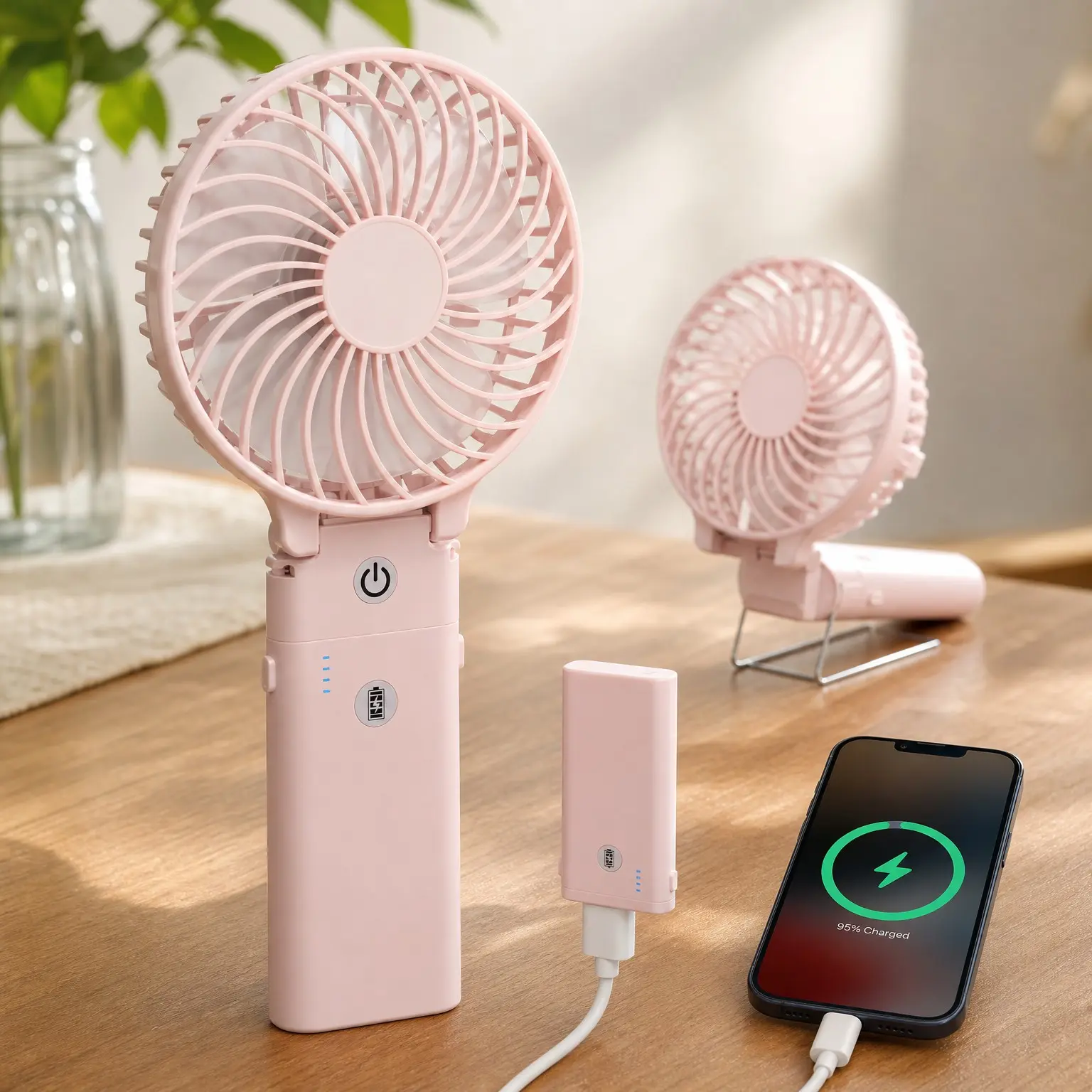 5200mAh Portable Handheld Fan, 20H Max Runtime, USB Rechargeable, Foldable 180°, 3 Speeds Quiet Cooling, Stand & Power Bank, for Travel Outdoor Makeup Concerts (Pink)Gift