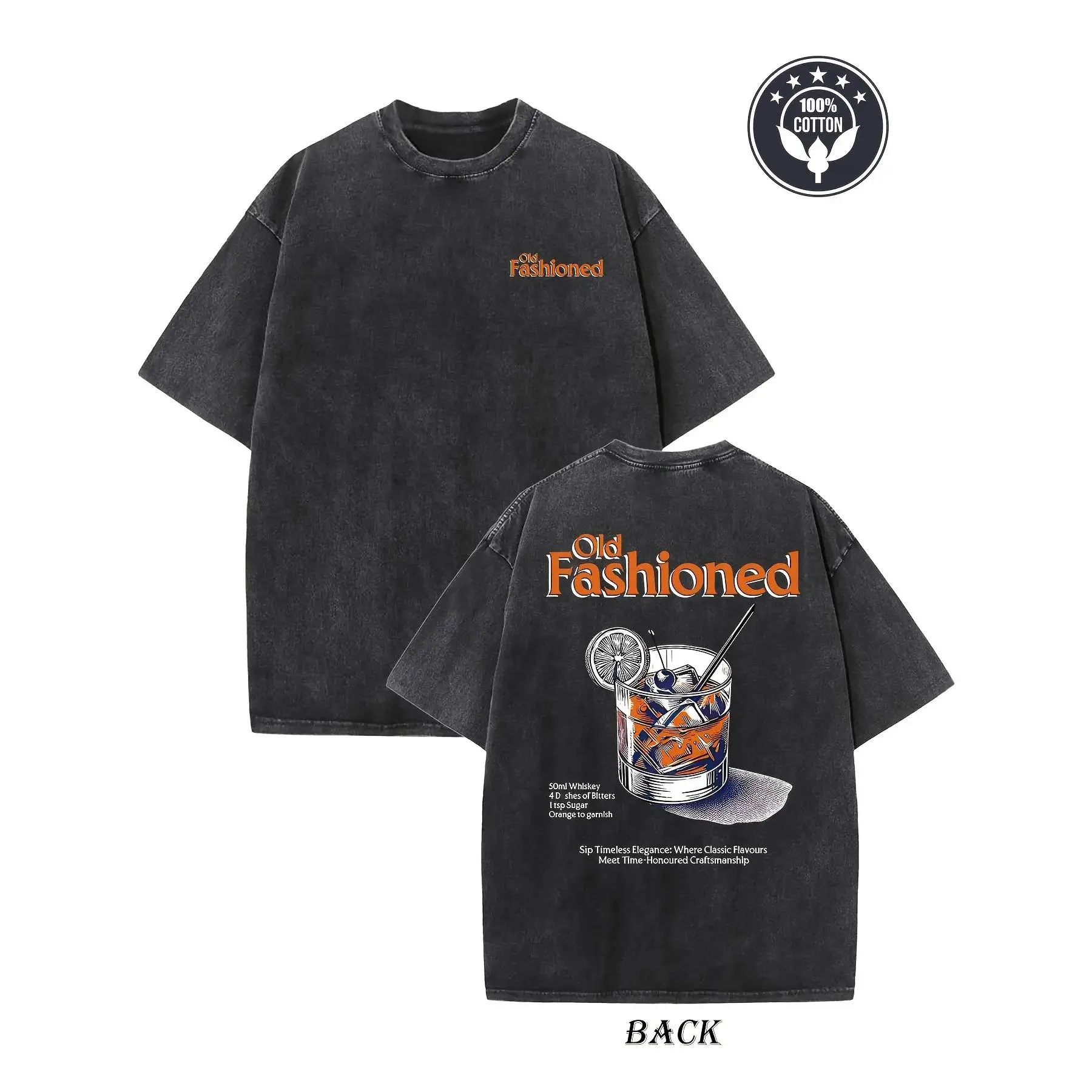 Retro Distressed Washed Oversized T-Shirt Unisex Crew Neck Cotton Vintage Cocktail Glass Graphic Orange Retro Text Chest & Back Recipe Quote Casual Outdoor Bar Bartender Streetwear Loose Fit Simple Tee For Men & Women