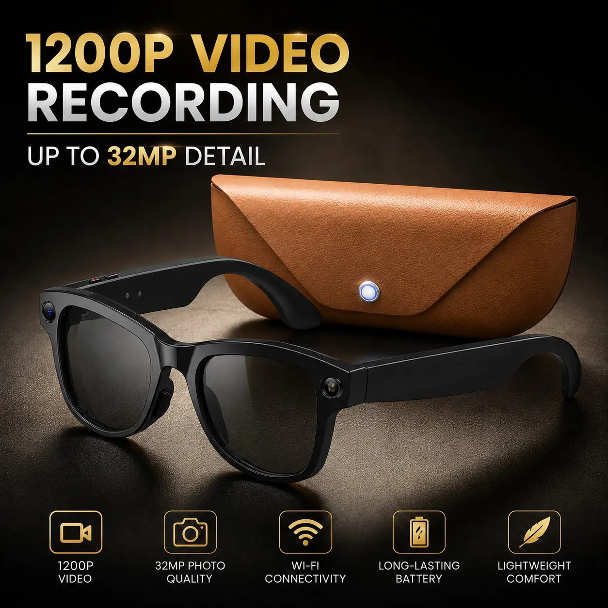 2026 Upgraded Multi-Function Smart Sunglasses, 32MP photo with 1200P Video Recorder, Real-Time AI Translation, Dual Touch & Physical Buttons, Bluetooth Music Call with Premium Leather Fast Charging Case 1400mAh, IP65 Grade