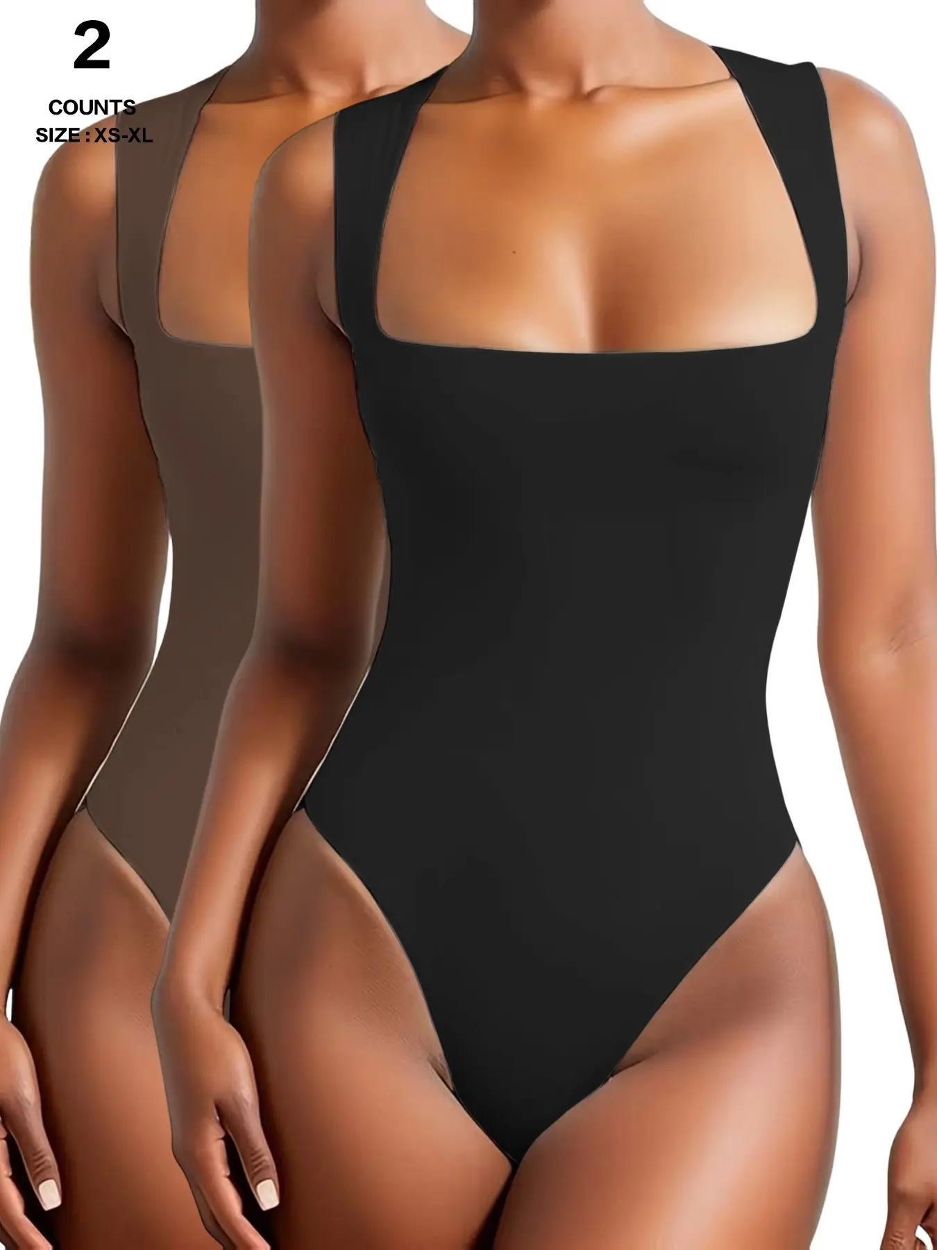 Women's Sleeveless Square Neck Bodysuit with Shorts, High Elasticity Tummy Control Butt Lifting, Casual Plain Y-Type Regular Length