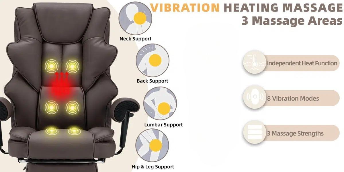 Ergonomic Executive Office Chair with 6-Point Massage and Footrest, Adjustable Reclining Faux Leather Desk Chair with Padded Armrests and Swivel Wheels