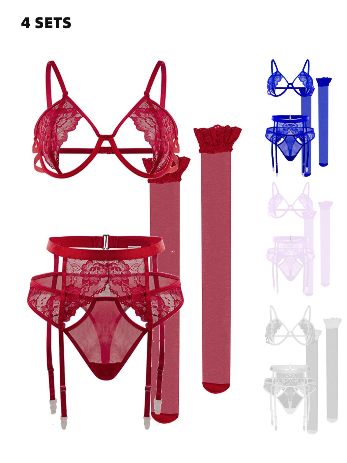 Women's Lace Sexy Lingerie Set, Solid Color Bra & Thong & Garter Belt ...