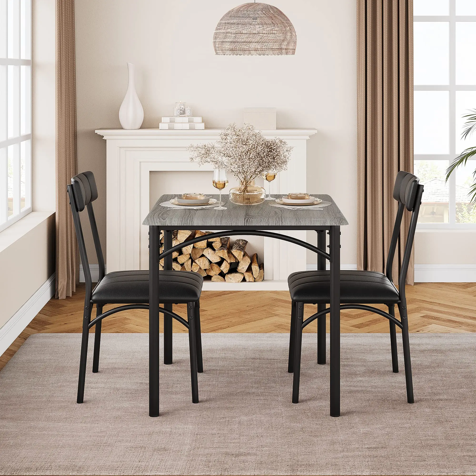 Indoor 3-Piece Dining Set - Wood Square Table, 2 Upholstered Chairs, Rustic Gray Finish, Compact Furniture for Small Spaces, Kitchen or Dining Room Use, 2 Chairs