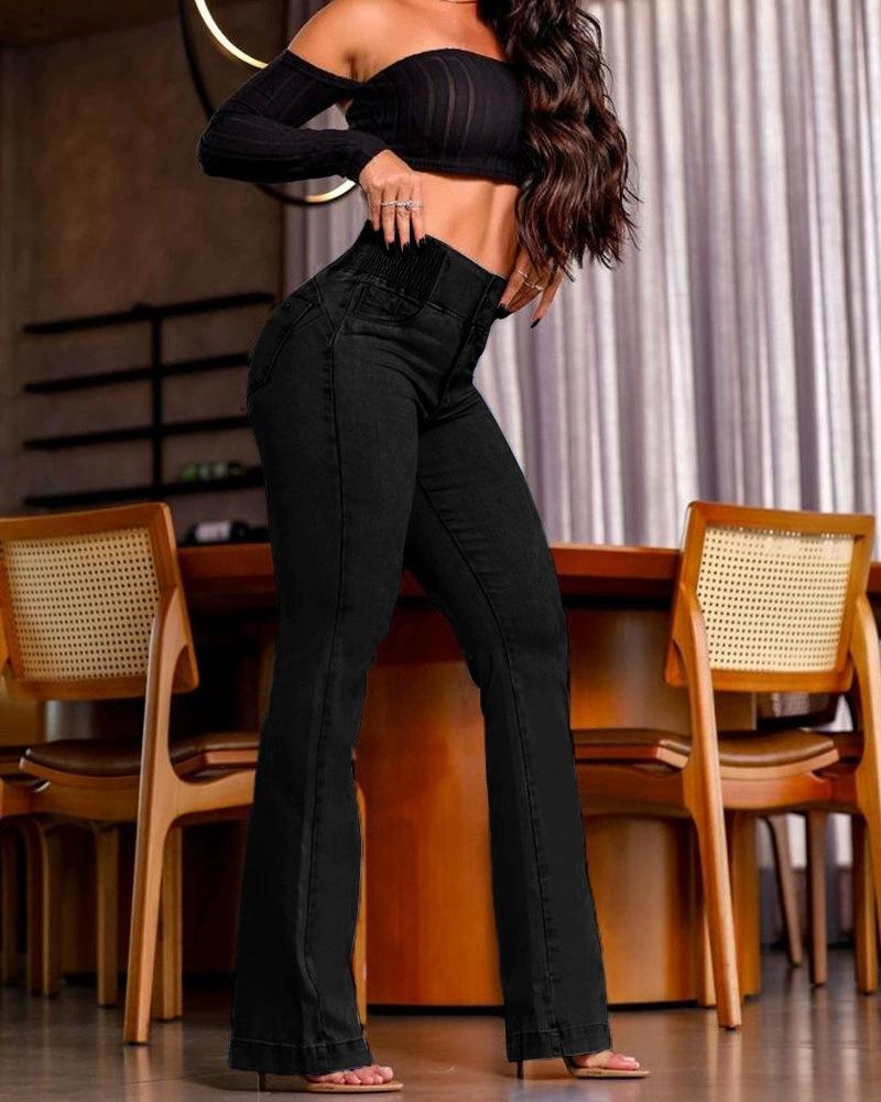 2025 European and American Cross-border Elastic Waist High Waist Stretch Tight Flared Butt-lifting Denim Pants Jeans Girl Womenswear Basic Black