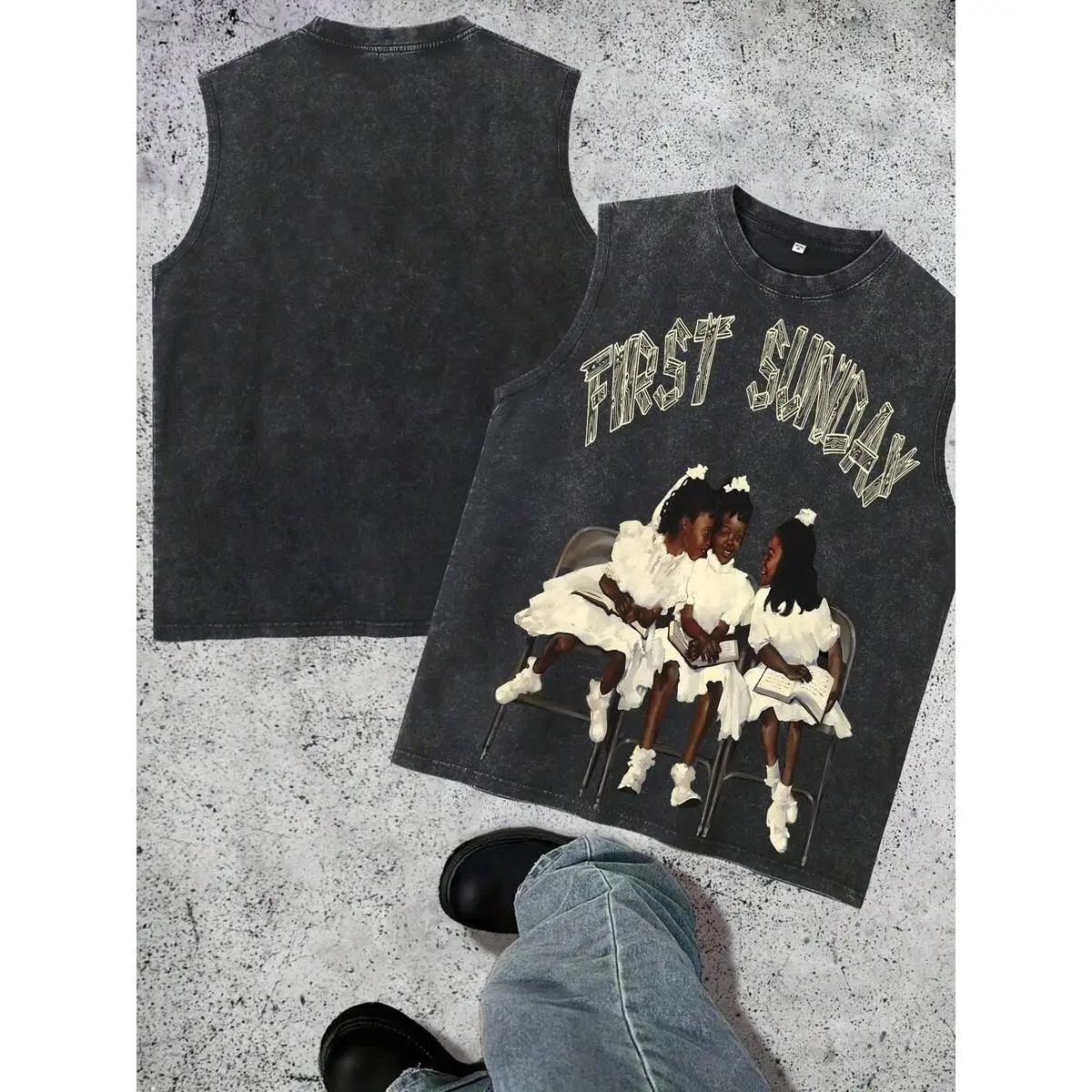 Wash First Sunday Church Kids Oversized Sleeveless Tank, Raw Edge Cut Off Three Black Girls Bible Oil Painting Front Tank, Country Church Casual Outdoor Daily Unisex Muscle Tank For Men Women