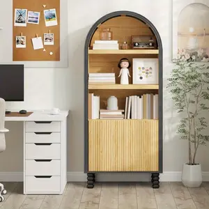 5-Tier Grooved Arched Bookcase - Modern Bookshelf with Doors & Shelves, Stylish Storage Solution for Home Office & Living Room