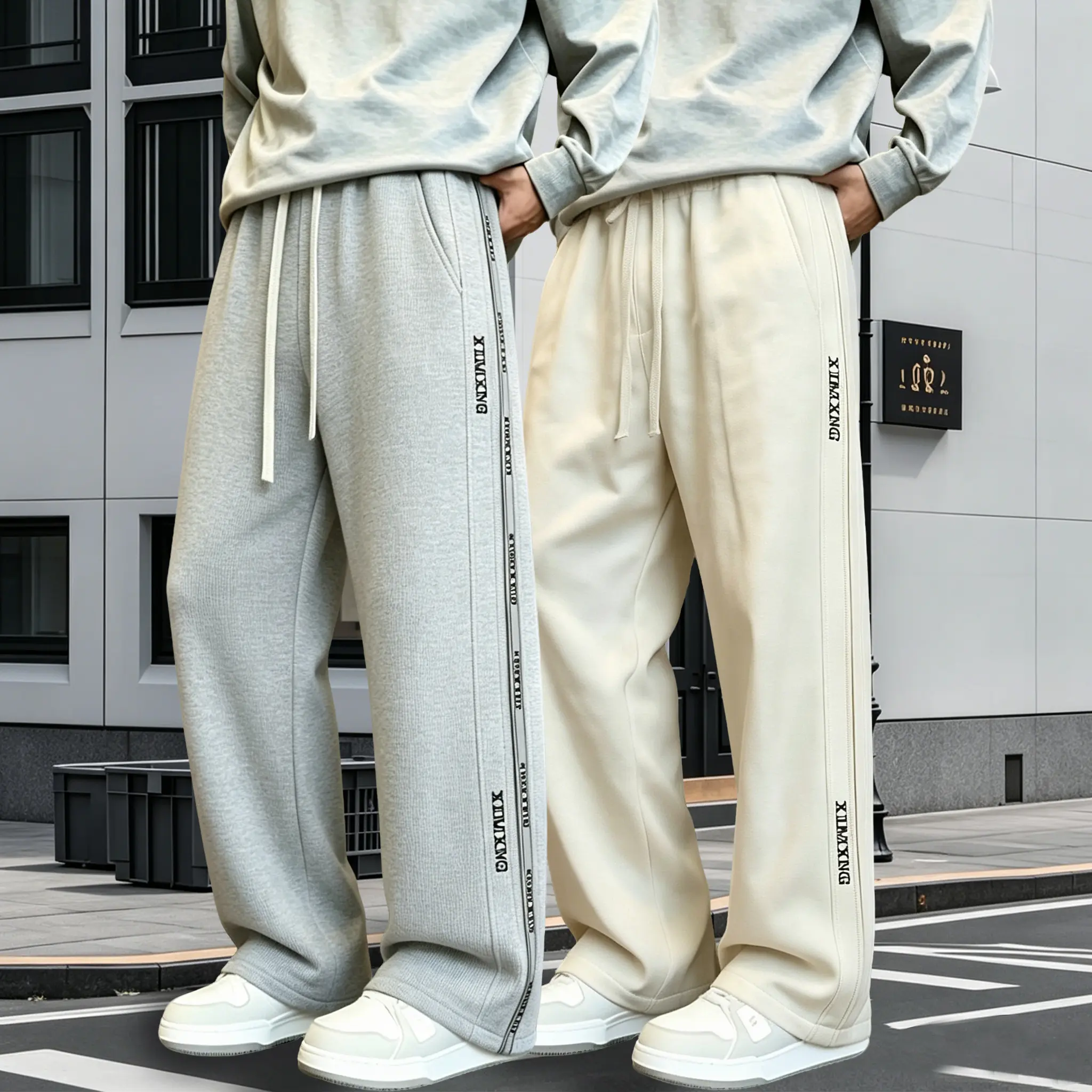 Men's Vertical Letter Embroidered Wide Leg Sweatpants, Double Drawstring Elastic High Waist Draped Floor-Length Straight Trousers, Soft Skin-Friendly Breathable Knit Athletic Pants, Trendy Streetwear Versatile Casual Pants For Daily Commute Campus, 4 Colo